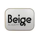 A silver rectangular tin containing assorted colorful mini jelly beans. The tin features a logo.