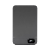 A grey magnetic wireless power bank featuring a digital display. It has a minimalist design and includes a logo.