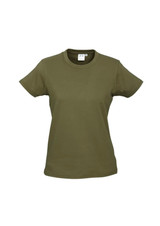 An olive green women's short sleeve tee with a simple design and a tag inside. It features a logo.