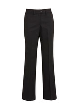 Black women's relaxed pants with a straight leg design, featuring a waistband and a logo.