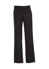 Black women's adjustable waist pants with a straight leg design, featuring a button closure and a logo.
