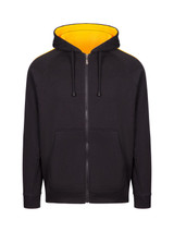 A black zip-up hoodie with a yellow interior and striped sleeves. Features a logo on the chest and two front pockets.