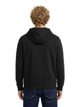 A black hoodie with a brushed heavy fleece material and a back view of a person. Features a hood and is casual in style.