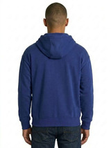 A blue men's brushed heavy zip fleece hoodie with a hood, featuring a back view.
