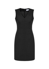 A sleeveless, V-neck dress in black with a fitted silhouette and a zipper at the back.