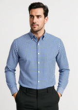 A men's long sleeve button-up shirt in blue and white gingham check pattern, featuring a collar and a logo.
