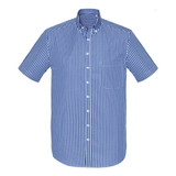 A blue and white checkered short sleeve button-up shirt with a collar and front buttons, featuring a logo.