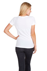 A white women's modern fit T-shirt displayed from the back, paired with dark jeans. The T-shirt features a logo.