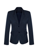 A dark navy women's mid-length jacket featuring a two-button front, notch lapels, and a fitted silhouette.