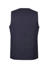 A dark blue men's longline vest with a simple design and no sleeves, featuring a logo on the back.