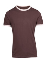 A men's unisex ringer T-shirt in brown with white trim on the neckline and sleeves. It features a logo.