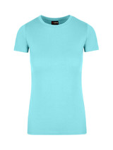 A mint green women's T-shirt with short sleeves, featuring a logo at the neckline.