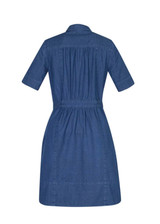 A denim dress with short sleeves and a gathered waist, featuring a collar and a branding logo.