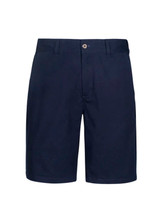 A pair of navy dress shorts with a button closure and front pockets. Features branding on the waistband.