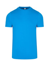 Bright blue men's slim fit T-shirt with a round neckline. Features a logo on the label.