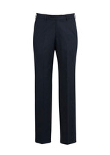 Classic flat pants in dark navy blue, featuring a sleek design and a logo. Suitable for formal and casual settings.