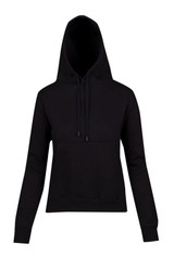A black women's junior kangaroo pocket hoodie featuring a drawstring hood and long sleeves.