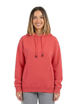 A blue women's junior kangaroo pocket hoodie with a front pocket and drawstring hood, worn by a smiling model.