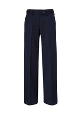 A pair of dark navy women's pants with a straight fit, featuring a waistband and button closure.