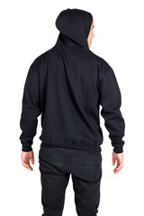 A black men's zip hoodie with a pocket, displayed from the back, featuring a hood and long sleeves.