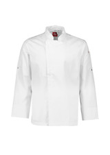 A white long sleeve chef jacket featuring a collar and a logo on the chest. Suitable for culinary uniforms.