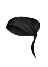 A black chef bandana with a tie at the back and a logo on one side, designed for chefwear.
