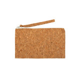A cork pencil case with a zip closure and a wrist strap, featuring a natural cork texture.
