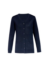 A navy blue women's button front knit cardigan with a v-neck and two front pockets. It has a logo on the design.