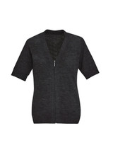 A dark grey women's zip front short sleeve knit cardigan with a relaxed fit. It features a v-neck design and short sleeves.