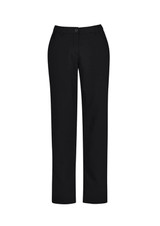 Black straight leg pants featuring a comfort waist design, suitable for women's casual or formal wear.