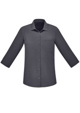 A women's button-up shirt in dark grey with 3/4 sleeves and a single chest pocket. It features a logo.