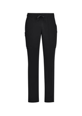 Black straight leg scrub pants with side pockets and an elastic waistband. Includes a drawstring and logo branding.