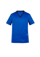 A blue men's scrub top featuring short sleeves, a v-neckline, and an integrated pocket. It includes a branding logo.