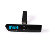 A digital luggage scale in black with a blue display and a strap, showing a weight of 20.40 kg.
