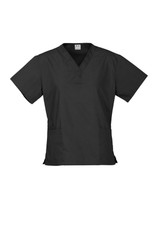 A black women's scrub top featuring a V-neck design and short sleeves with two front pockets. It includes a logo.