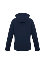 A navy blue women's soft shell jacket featuring a hood and a logo on the sleeve.