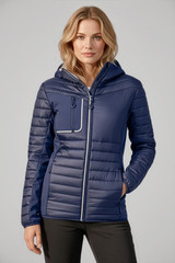 A navy unisex patrol jacket featuring a zippered front, hood, and side pockets. It has a sleek, insulated design.