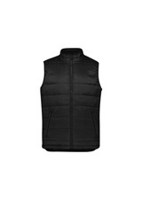 A black men's alpine vest with a zip front and two side pockets, featuring a logo.