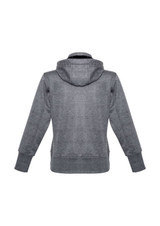 A grey ladies' jacket featuring a hood and long sleeves, with a plain back design and a logo.