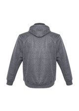 A grey men's jacket with a hood and long sleeves. The jacket features a logo on the back.