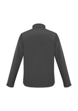 A men's soft shell jacket in dark grey, featuring long sleeves and a collar, with a logo on the back.