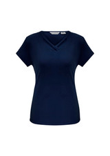 A navy short sleeve top with a double V-neck design. The top has a logo on the label.