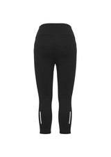 Black women's 3/4 leggings featuring a form-fitting design and reflective details on the lower legs.