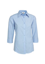 A women's micro check button-up shirt in light blue with three-quarter sleeves and a collar. Features a logo.