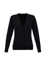 A black women's knitted cardigan featuring a V-neck and button front closure. The sleeves are long and fitted.