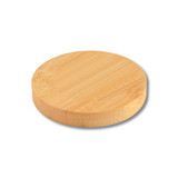 A round bamboo coaster with a smooth finish, featuring a logo on one side.