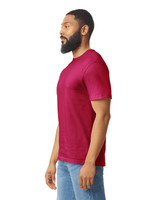 Adult T-shirt in a rich red colour, featuring short sleeves and a crew neck, displayed on a male model.