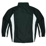 A dark green tracktop with white side panels, featuring a collar and elasticised cuffs. Includes brand logo.