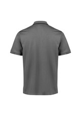 A grey short sleeve polo shirt with a collar and a logo on the back. Suitable for casual wear.