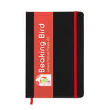 A black A5 notebook with a red elastic band and branding on the front cover.